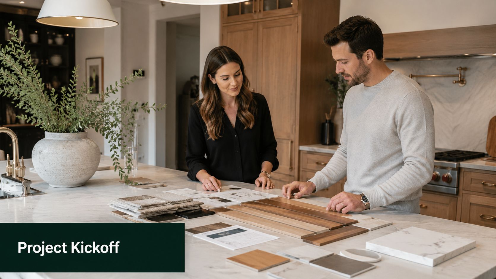 A professional interior designer and client reviewing wood samples and floor plans at a kitchen island.