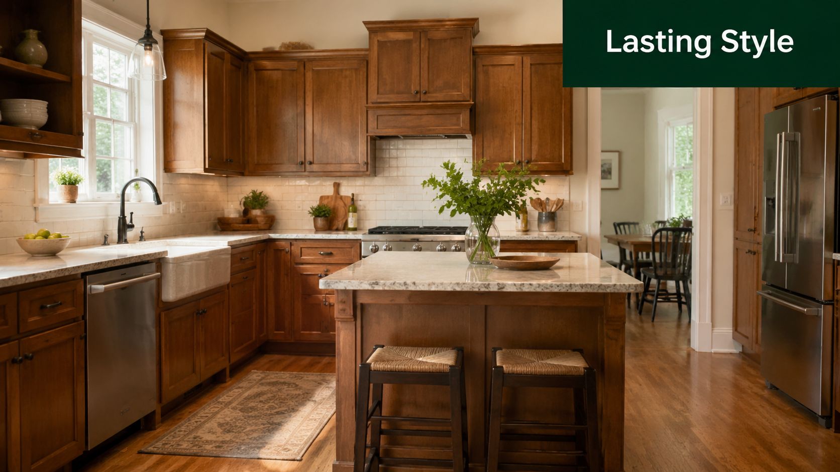 A warm wood kitchen featuring white subway tile backsplashes, granite countertops, and a cozy central kitchen island.