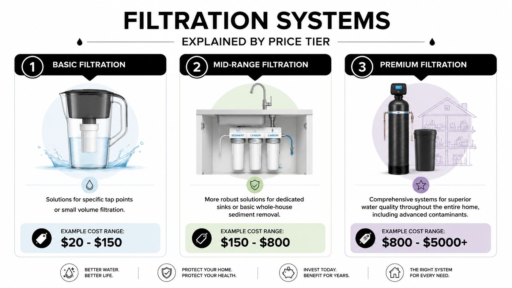 An infographic comparing three tiers of water filtration systems by cost, ranging from basic to premium options.