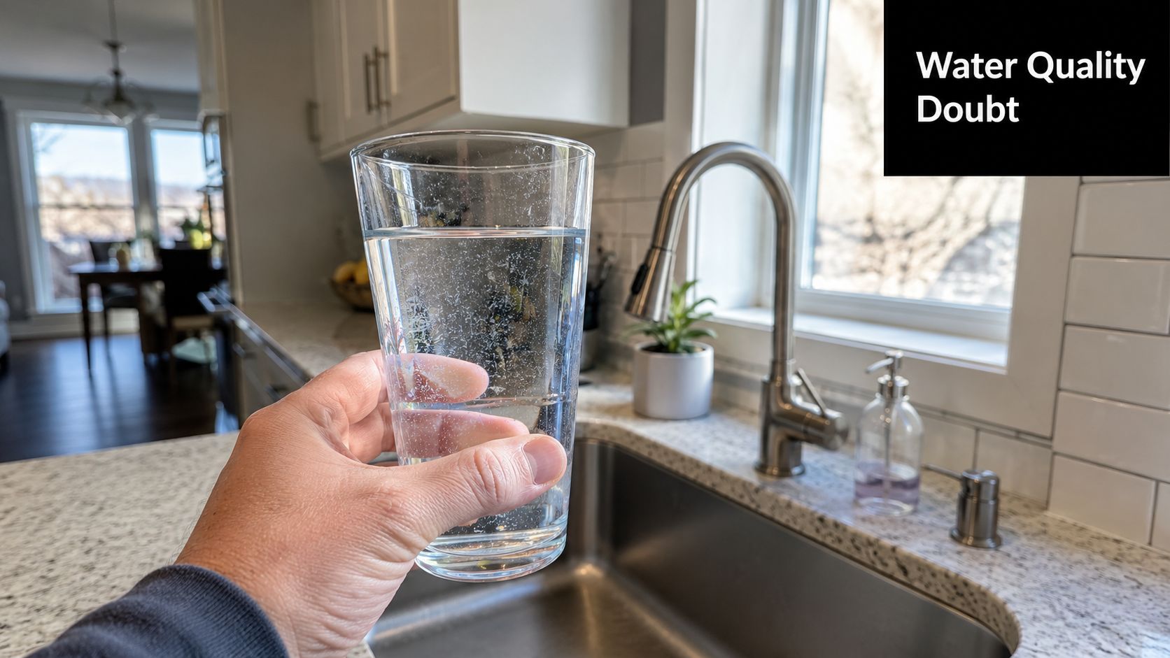 A hand holds a glass of water filled with tiny bubbles near a kitchen sink faucet.