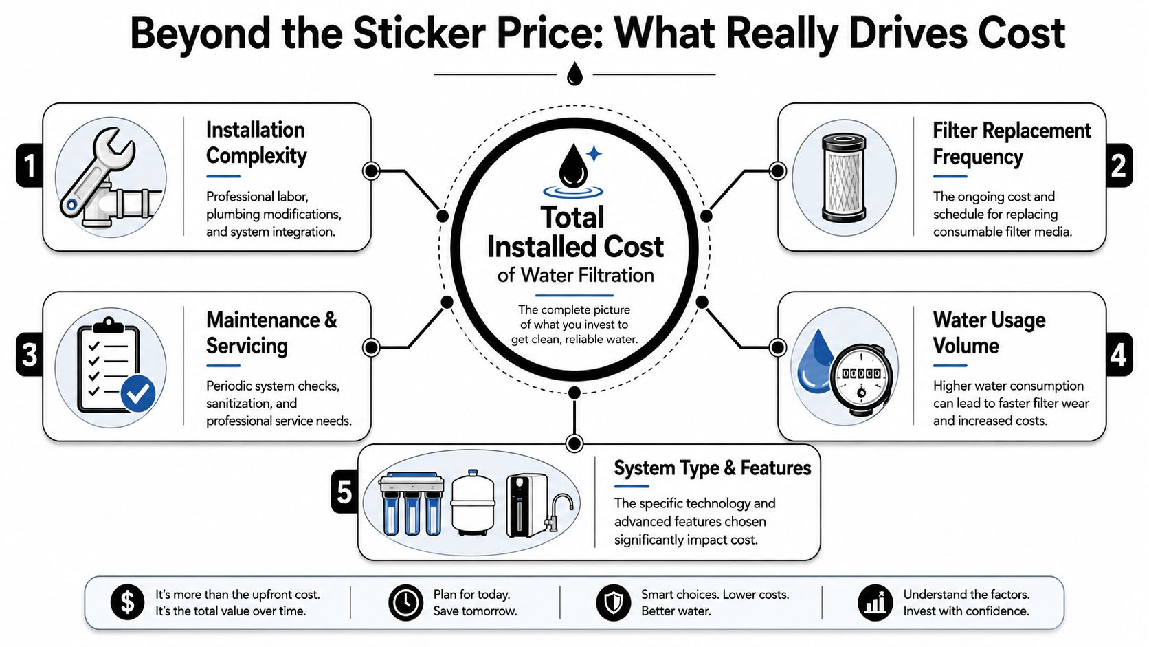 An infographic showing the five key factors that contribute to the total installed cost of water filtration systems.
