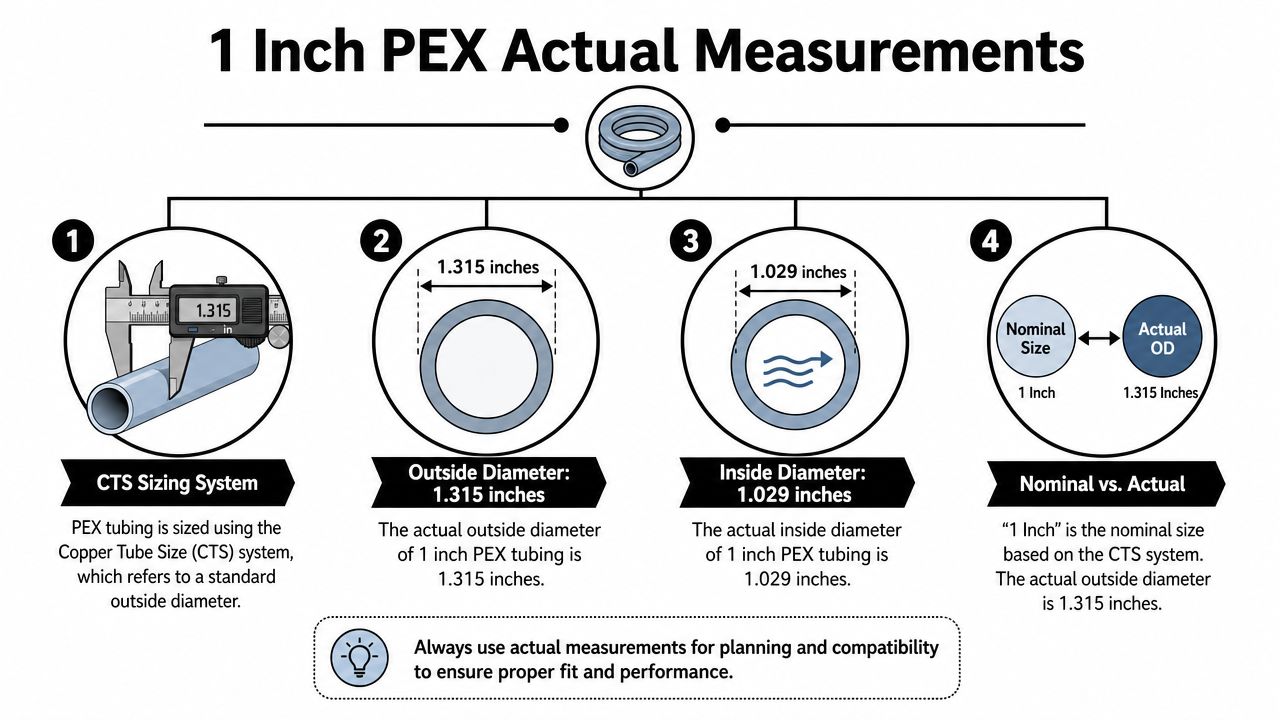 A diagram illustrating the actual measurements of 1 inch PEX tubing, including outside and inside diameter specifications.