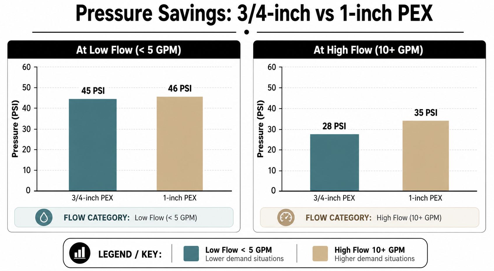 A comparison chart showing water pressure savings between 3/4-inch and 1-inch PEX piping at different flow rates.