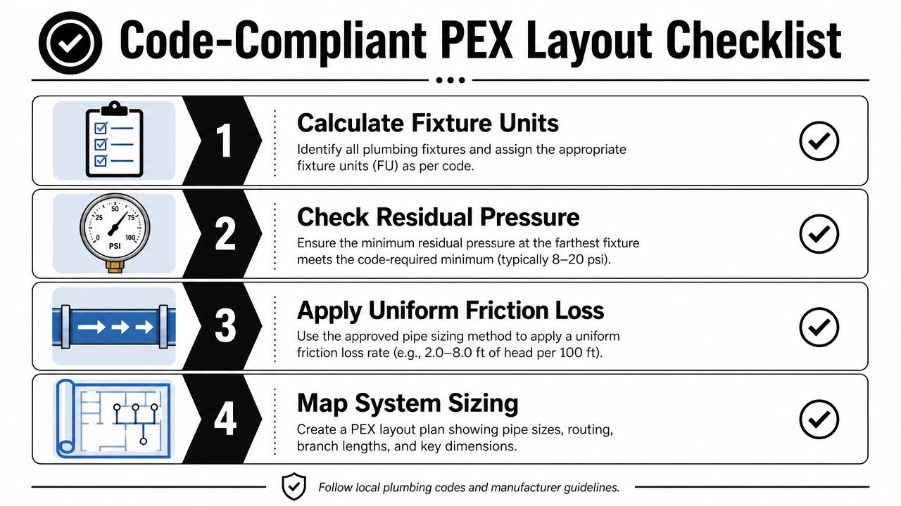 A four-step checklist graphic for designing a code-compliant PEX plumbing system layout for residential buildings.