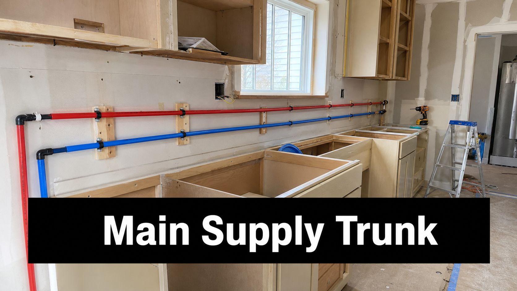 A kitchen remodel showing red and blue PEX pipes mounted on wood blocks against a wall.