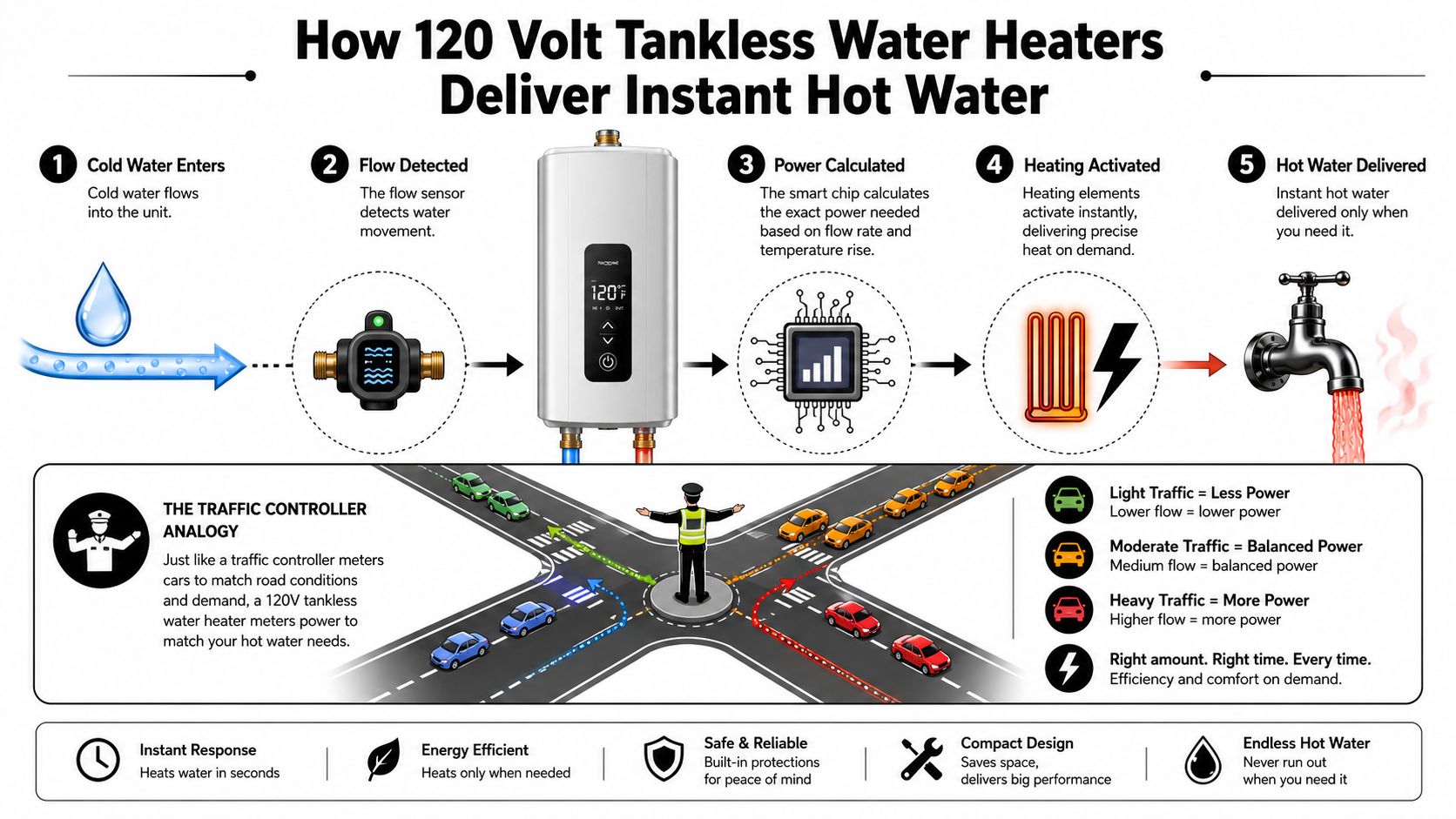 A diagram explaining how a 120 volt tankless water heater uses sensors and smart chips for efficiency.