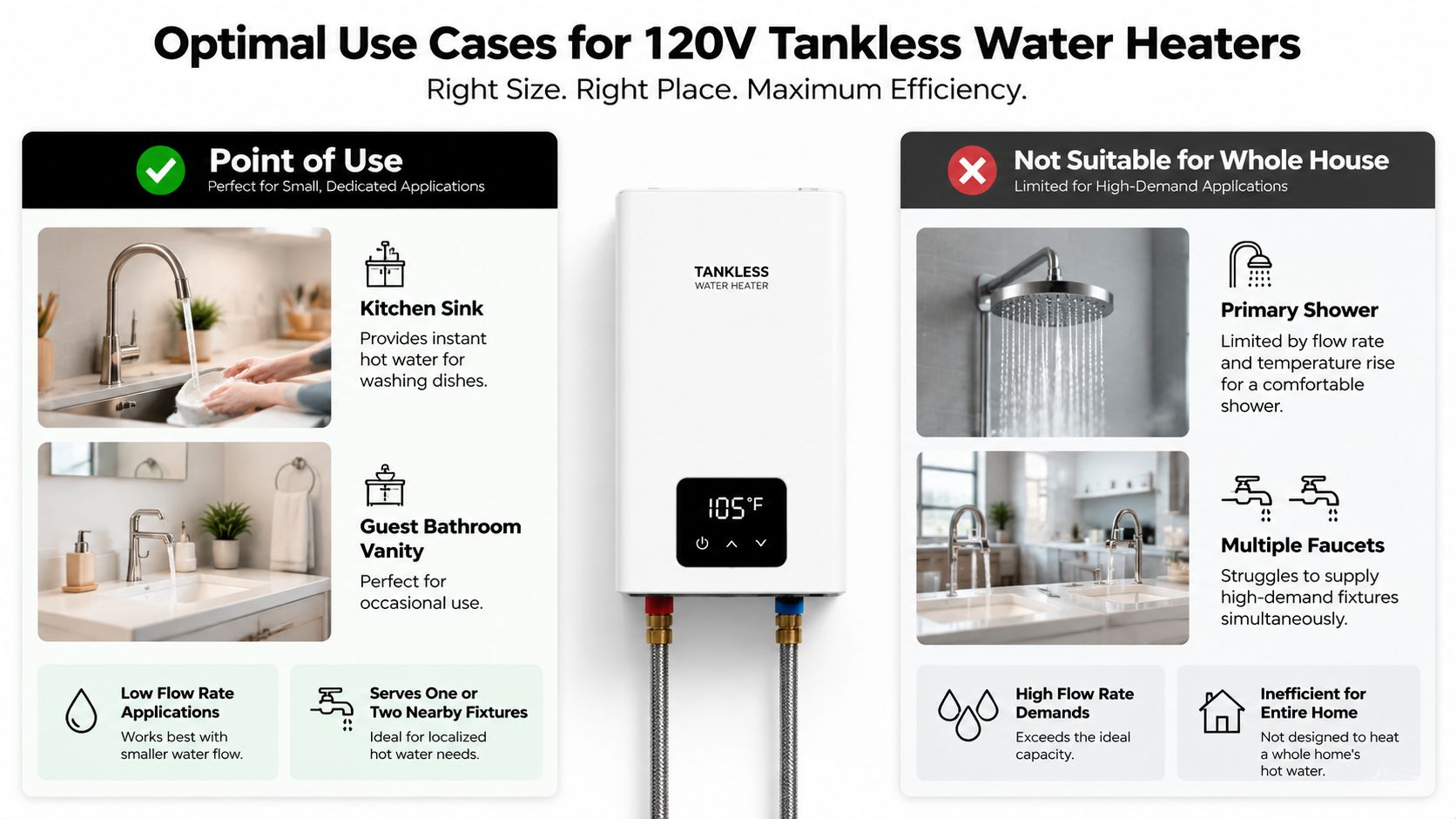 An infographic showing optimal use cases for 120V tankless water heaters, highlighting point-of-use versus whole-house limitations.