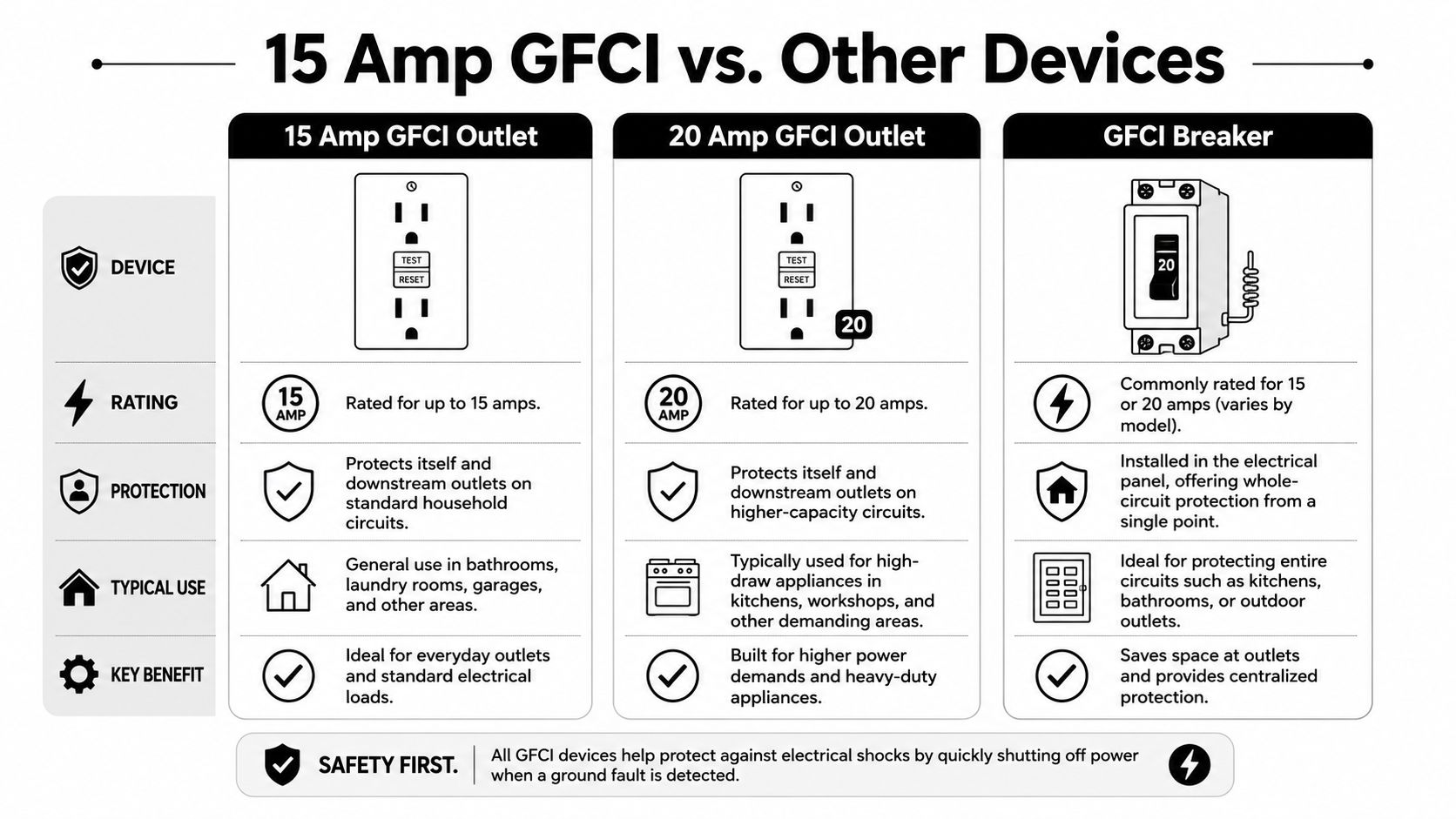 A comparison chart showing the differences between 15 amp GFCI outlets, 20 amp GFCI outlets, and GFCI breakers.