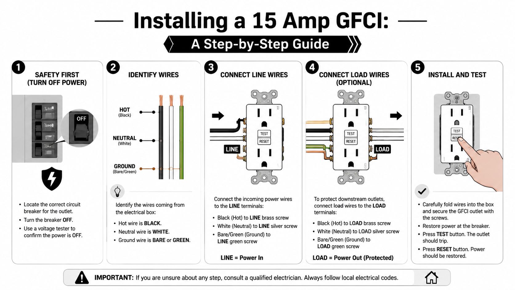 A step-by-step instructional infographic showing how to safely install and test a 15 Amp GFCI electrical outlet.