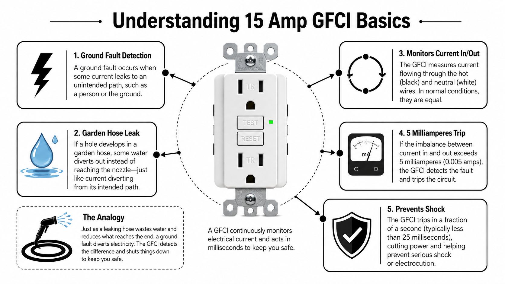 A diagram explaining how a 15 amp GFCI outlet detects ground faults to prevent electrical shock.