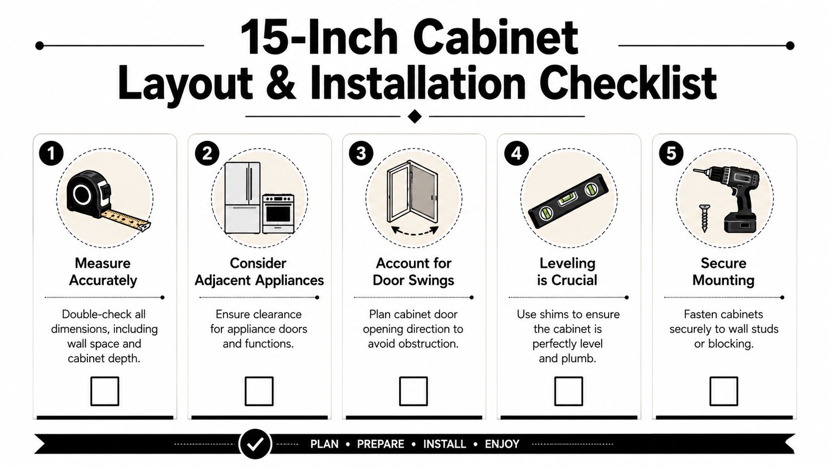 A five-step checklist illustrating the planning and installation process for a 15-inch wide cabinet.