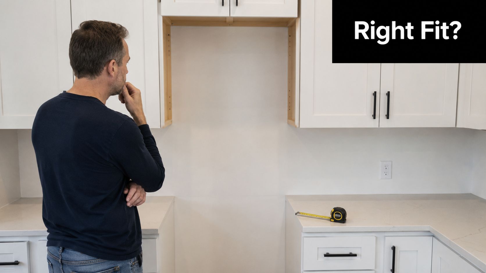 A man standing in a kitchen measuring space for a new appliance near white kitchen cabinets.