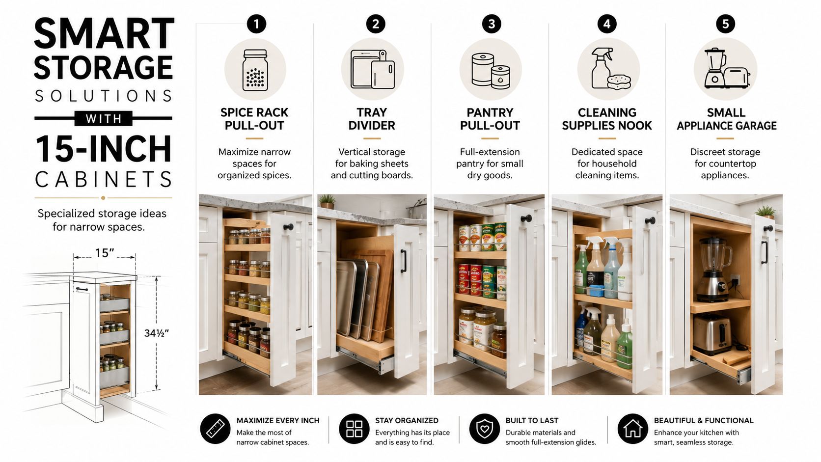A visual guide showing five smart storage solutions for 15-inch wide kitchen cabinets to maximize organization.