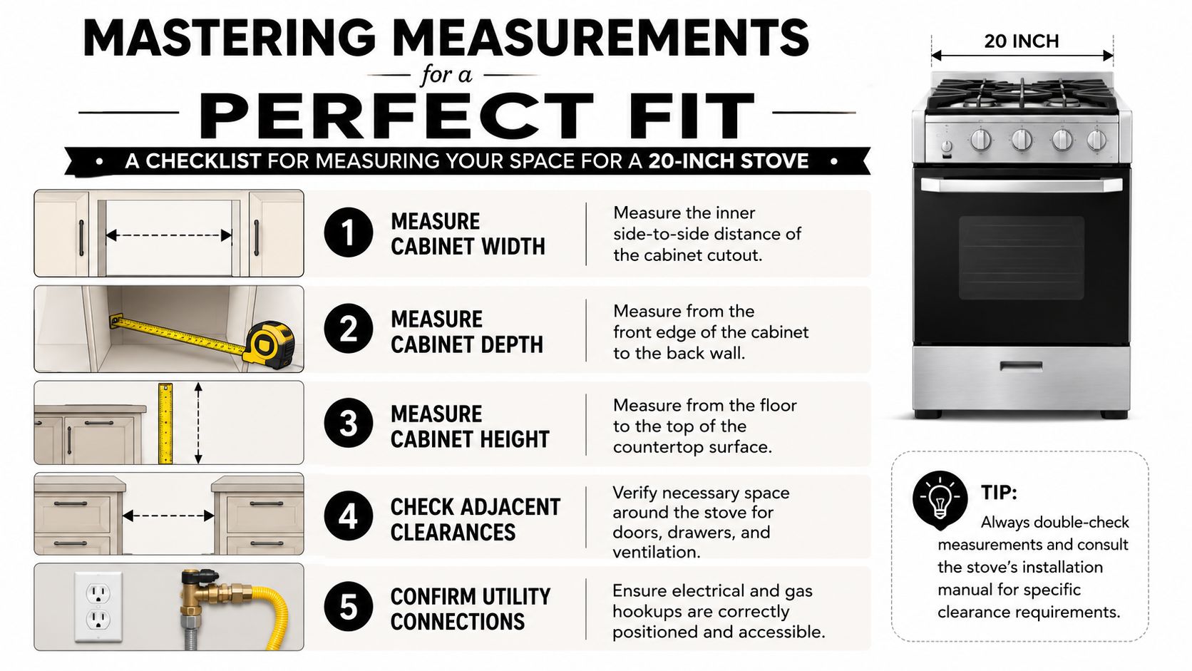 A helpful infographic showing five essential steps to measure a kitchen space for a 20-inch stove installation.
