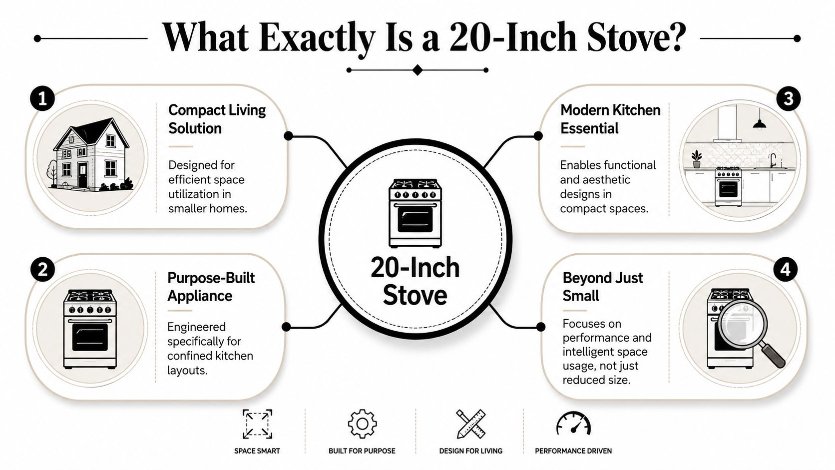 An infographic explaining the benefits and design features of a compact 20-inch stove for modern small kitchens.