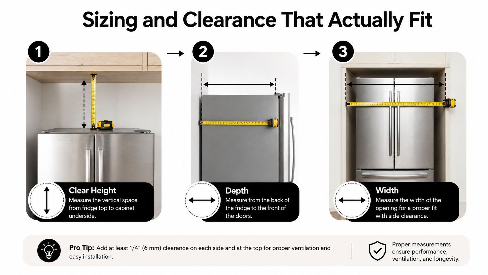 A visual guide showing how to measure the height, depth, and width of a refrigerator space.