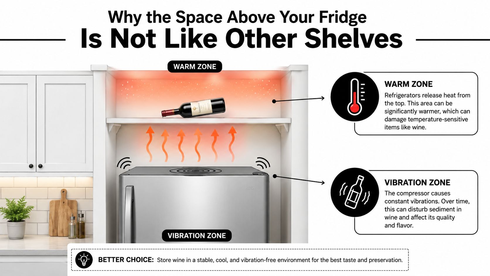 An infographic explaining why storing wine above a refrigerator causes heat and vibration damage to the bottle.