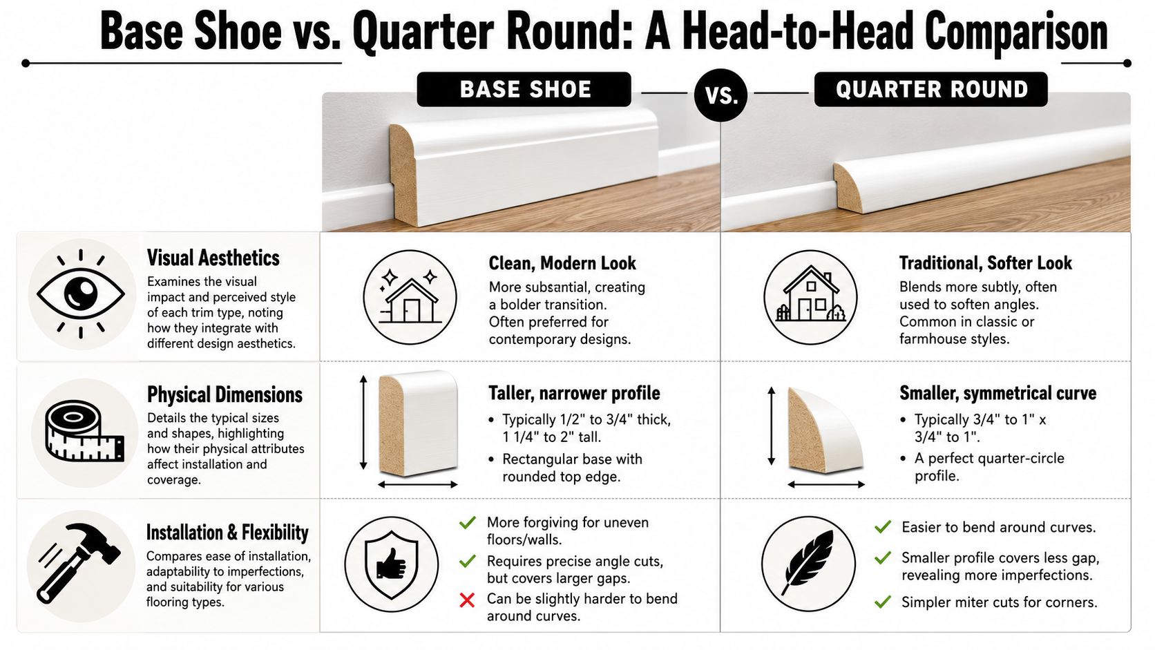 A comparison chart showing the differences between base shoe and quarter round molding for home renovation.