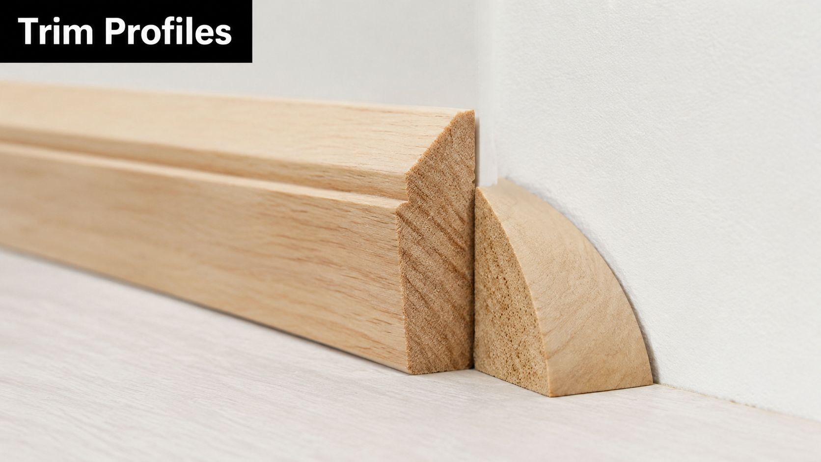 A close-up view showing wooden baseboard trim and a quarter round shoe molding installed against a wall.