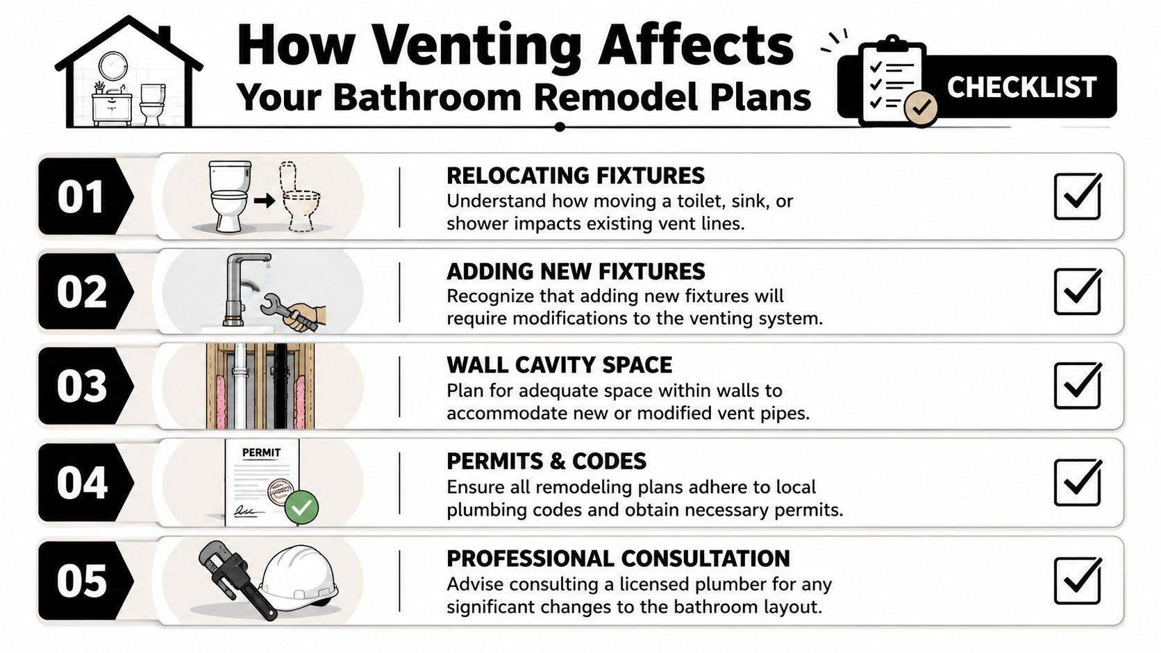 A checklist illustrating five key considerations for proper plumbing venting during a bathroom remodeling project.