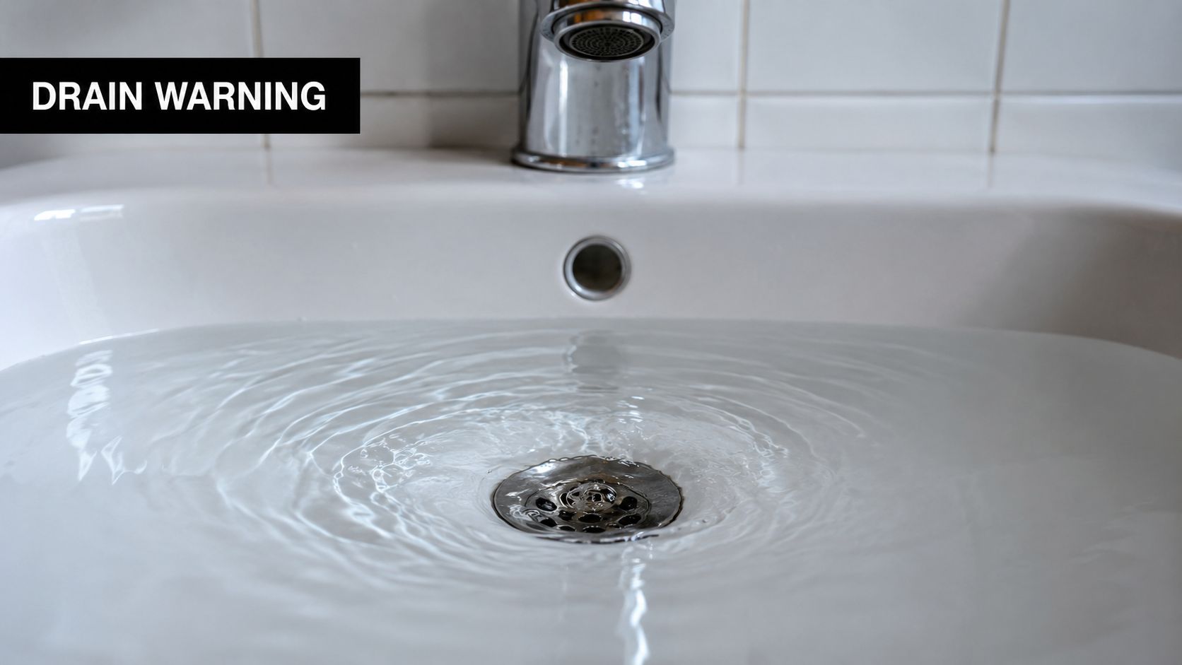 A close-up view of a bathroom sink filled with water, highlighting potential slow drainage or plumbing issues.