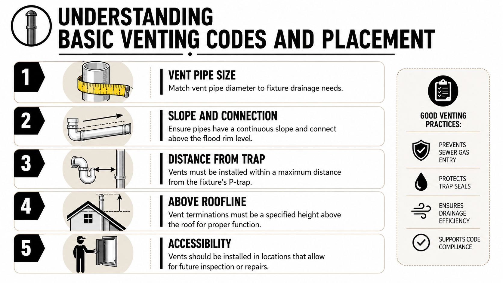 An infographic showing five essential rules for proper plumbing venting and drainage system installation and safety.