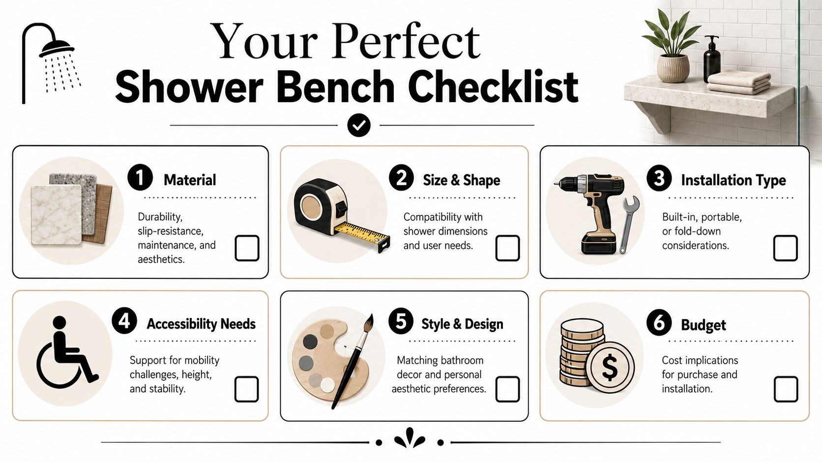 An infographic checklist for selecting a shower bench, including material, size, installation, accessibility, style, and budget.