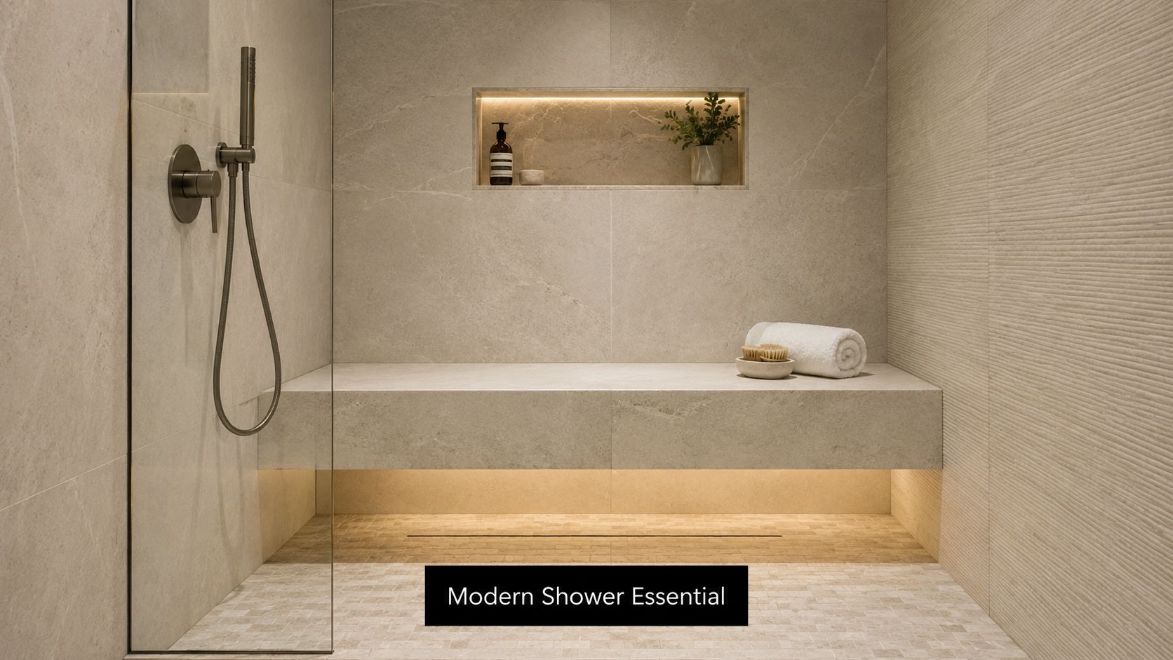 A modern shower featuring a built-in stone bench, hidden LED lighting, and neutral stone tile textures.