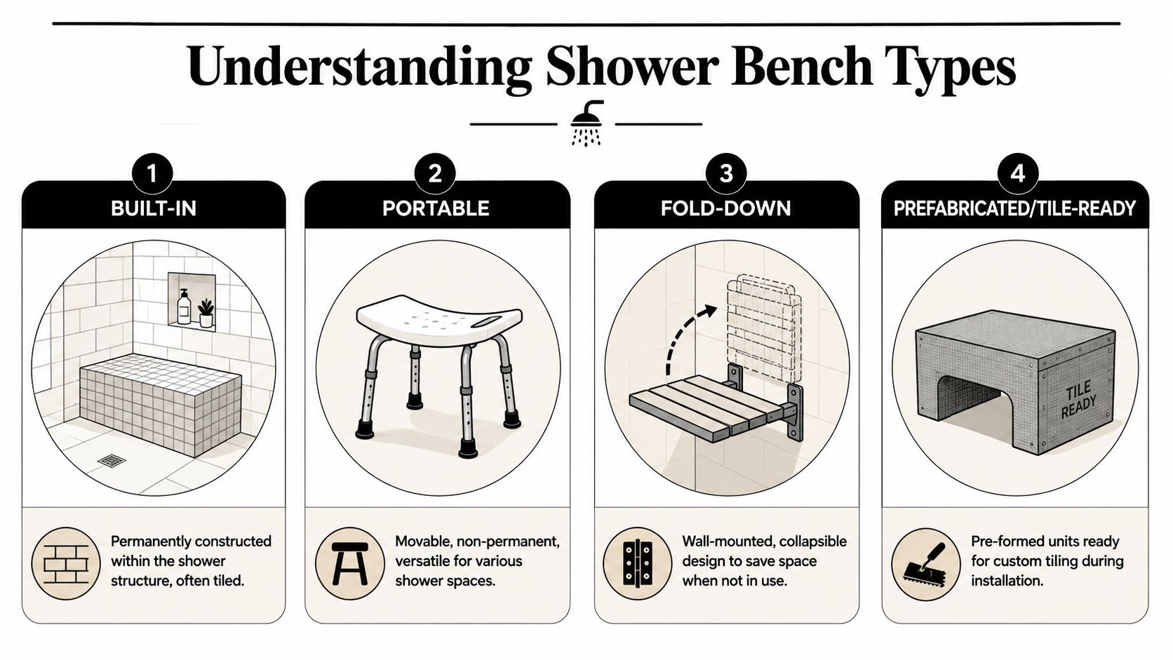 An infographic illustrating four types of shower benches: built-in, portable, fold-down, and prefabricated tile-ready units.
