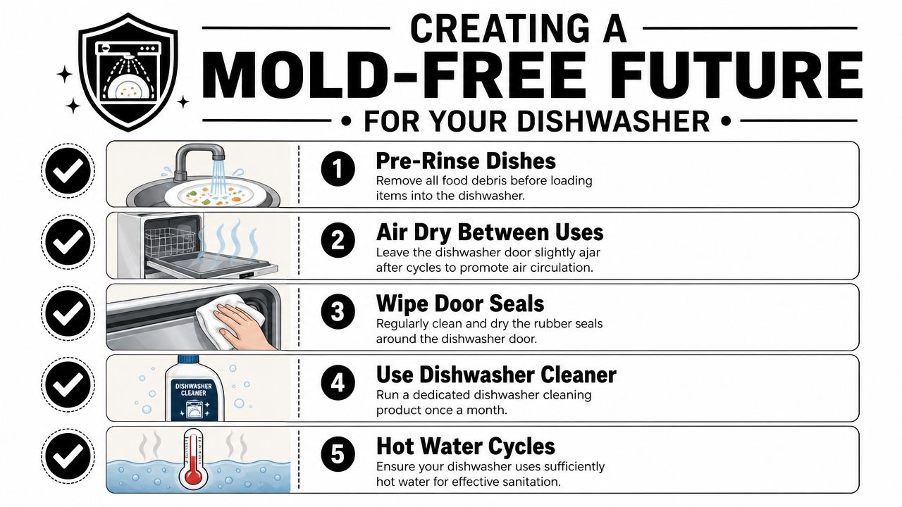 An infographic titled Creating a Mold-Free Future for Your Dishwasher with five tips for cleaning and maintenance.