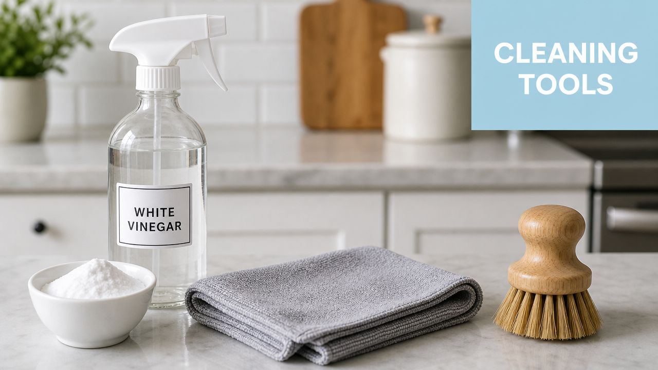 Cleaning supplies including white vinegar spray, baking soda, a gray cloth, and a wooden scrub brush.