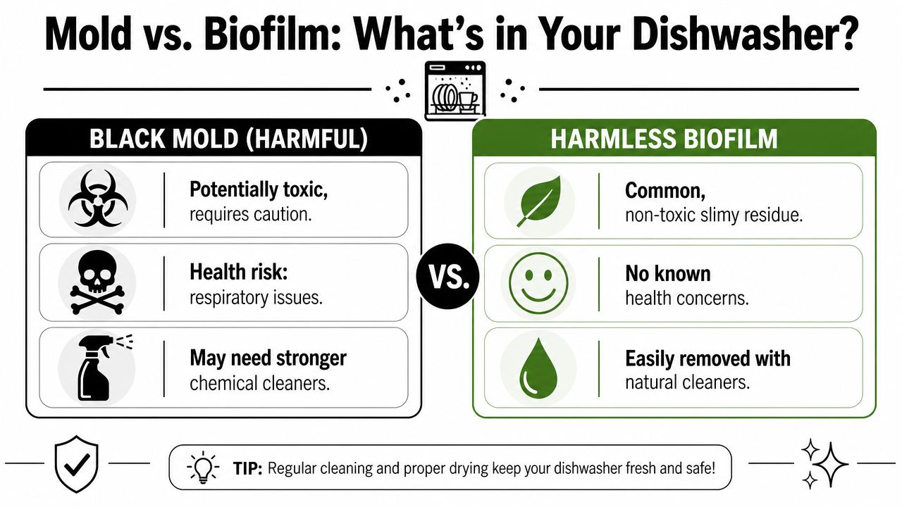 A comparison chart showing the differences between harmful black mold and harmless biofilm in a dishwasher.