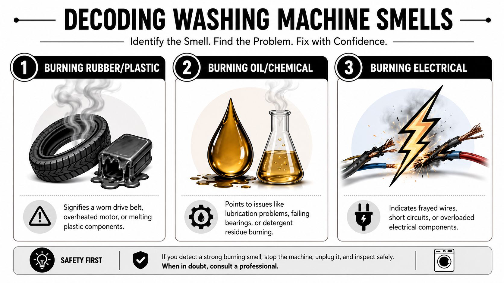 An infographic titled Decoding Washing Machine Smells explaining common causes for burning rubber, oil, chemicals, and electrical wires.