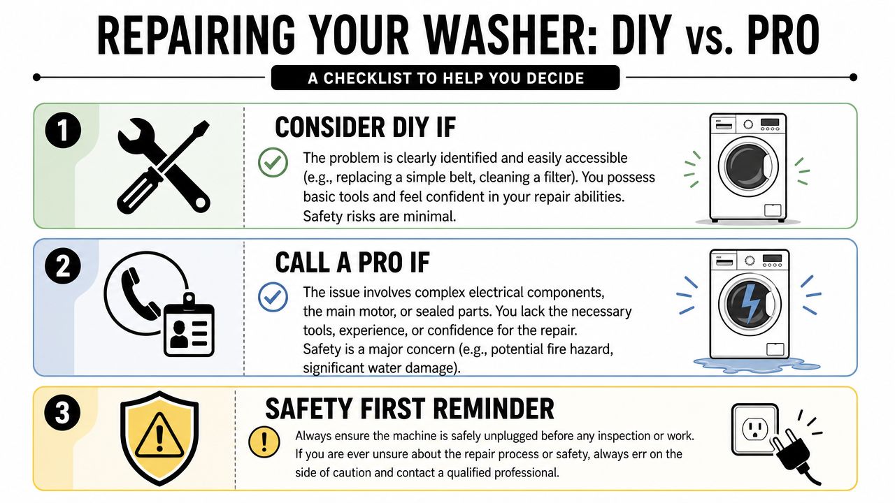 An infographic checklist guiding users to decide between DIY repairs or calling a professional for washing machine issues.