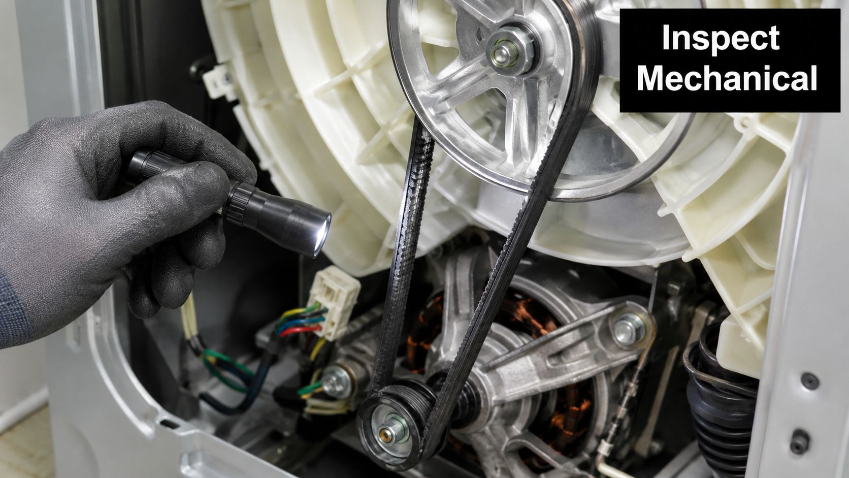 A technician wearing black gloves uses a flashlight to inspect a washing machine drive belt and motor.