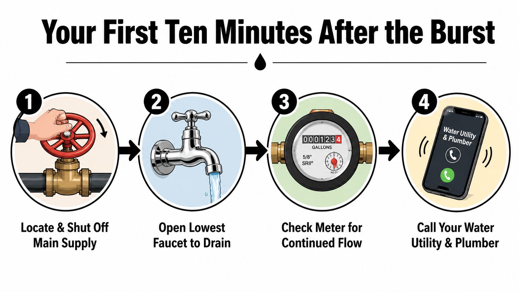 A four-step infographic showing how to respond immediately to a burst pipe in your home.