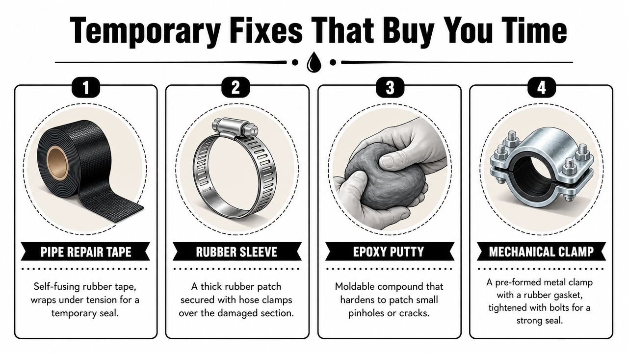 An infographic showing four common methods for performing temporary repairs on a leaking or burst pipe.