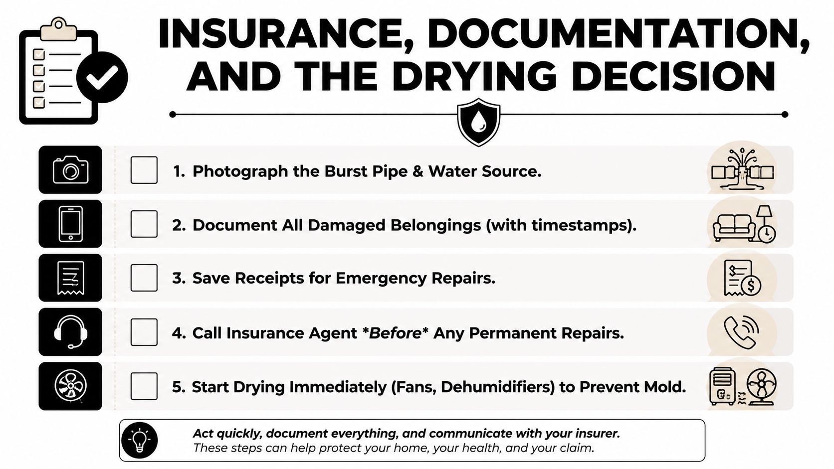 A checklist illustrating five essential steps for managing a burst pipe, insurance claims, and property documentation.