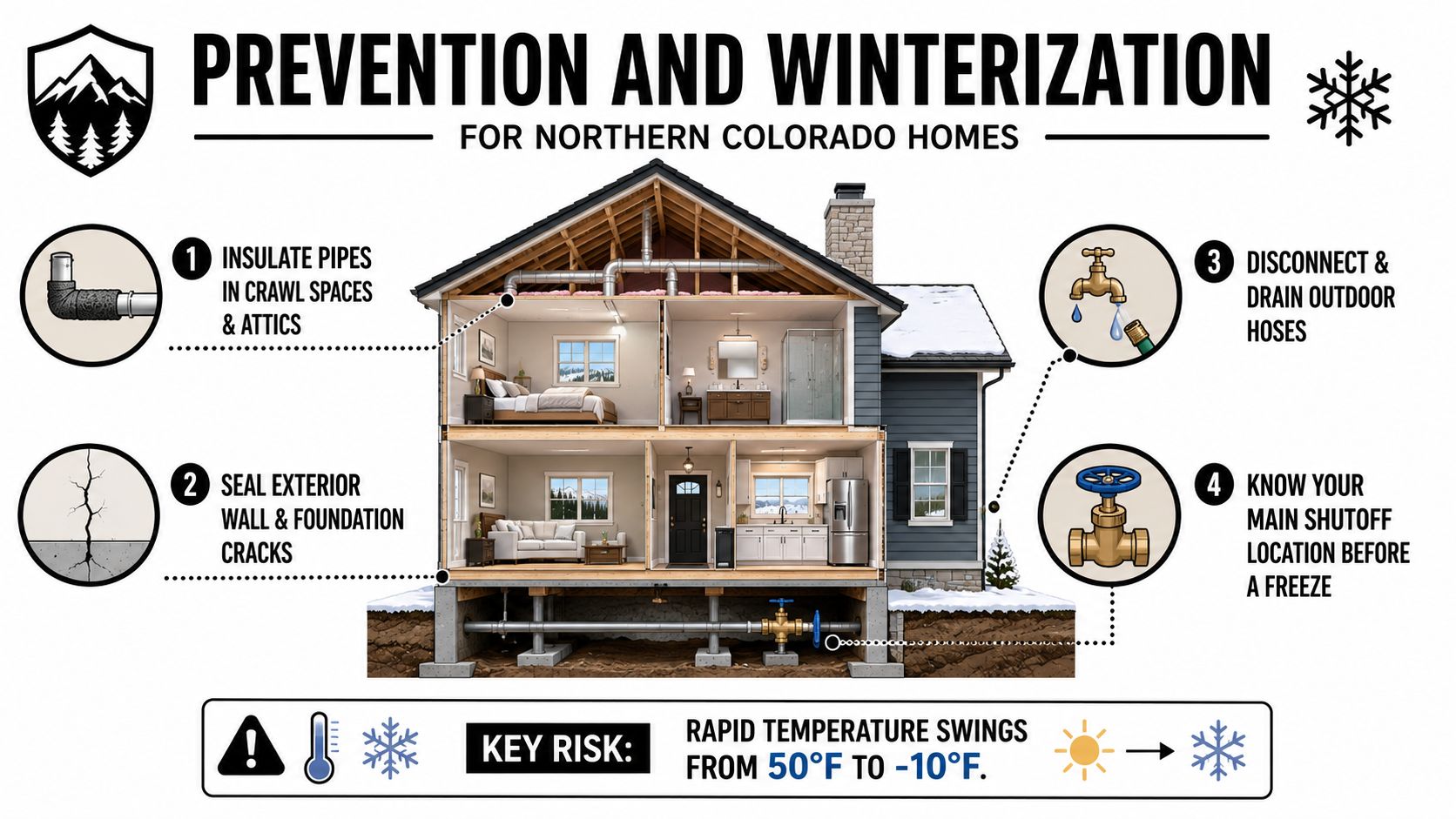 An infographic detailing winterization tips to prevent frozen pipes and home damage during cold Colorado winters.