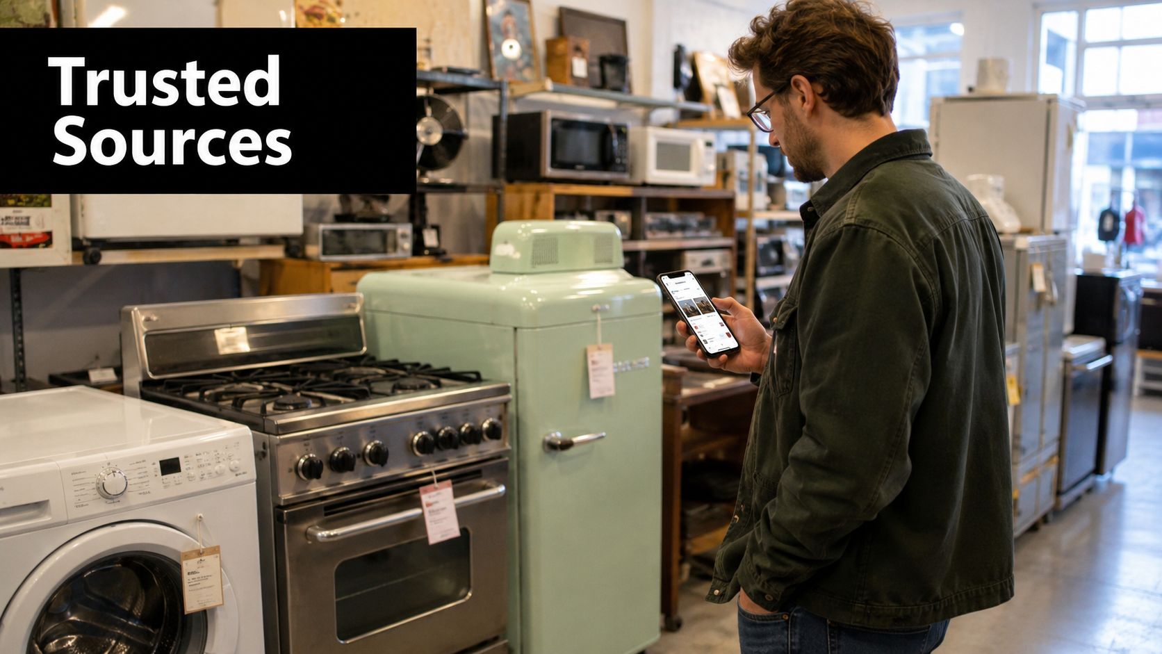 A man in a green jacket uses his smartphone while shopping for used appliances in a store.