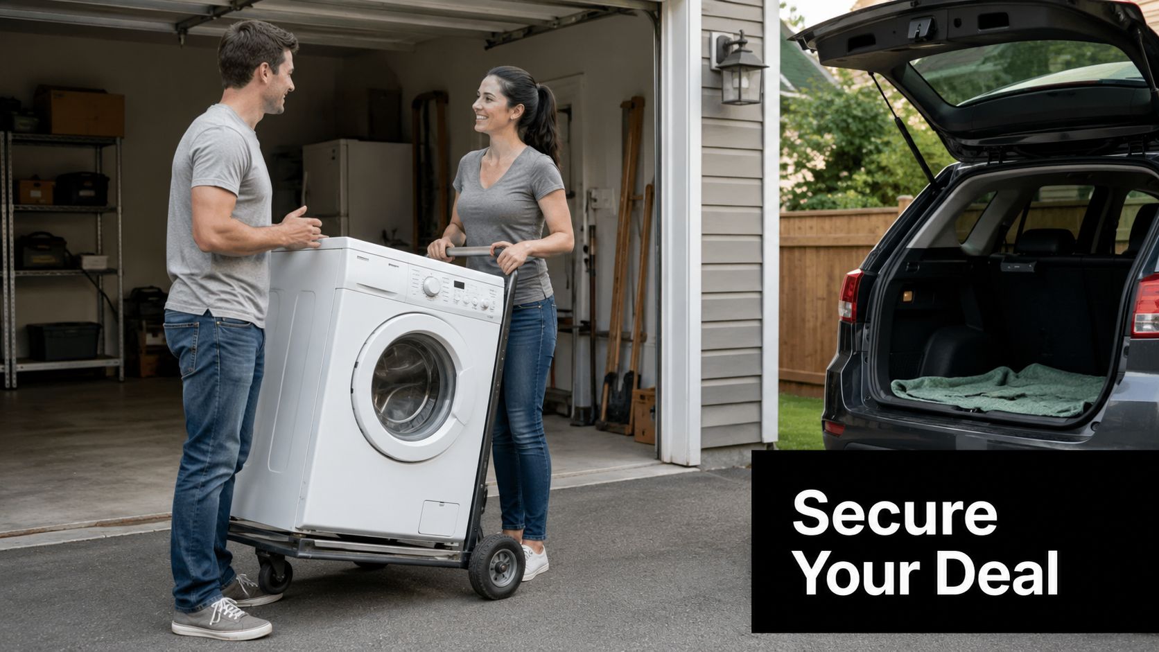 A couple moving a washing machine on a hand truck towards their car for a transaction.
