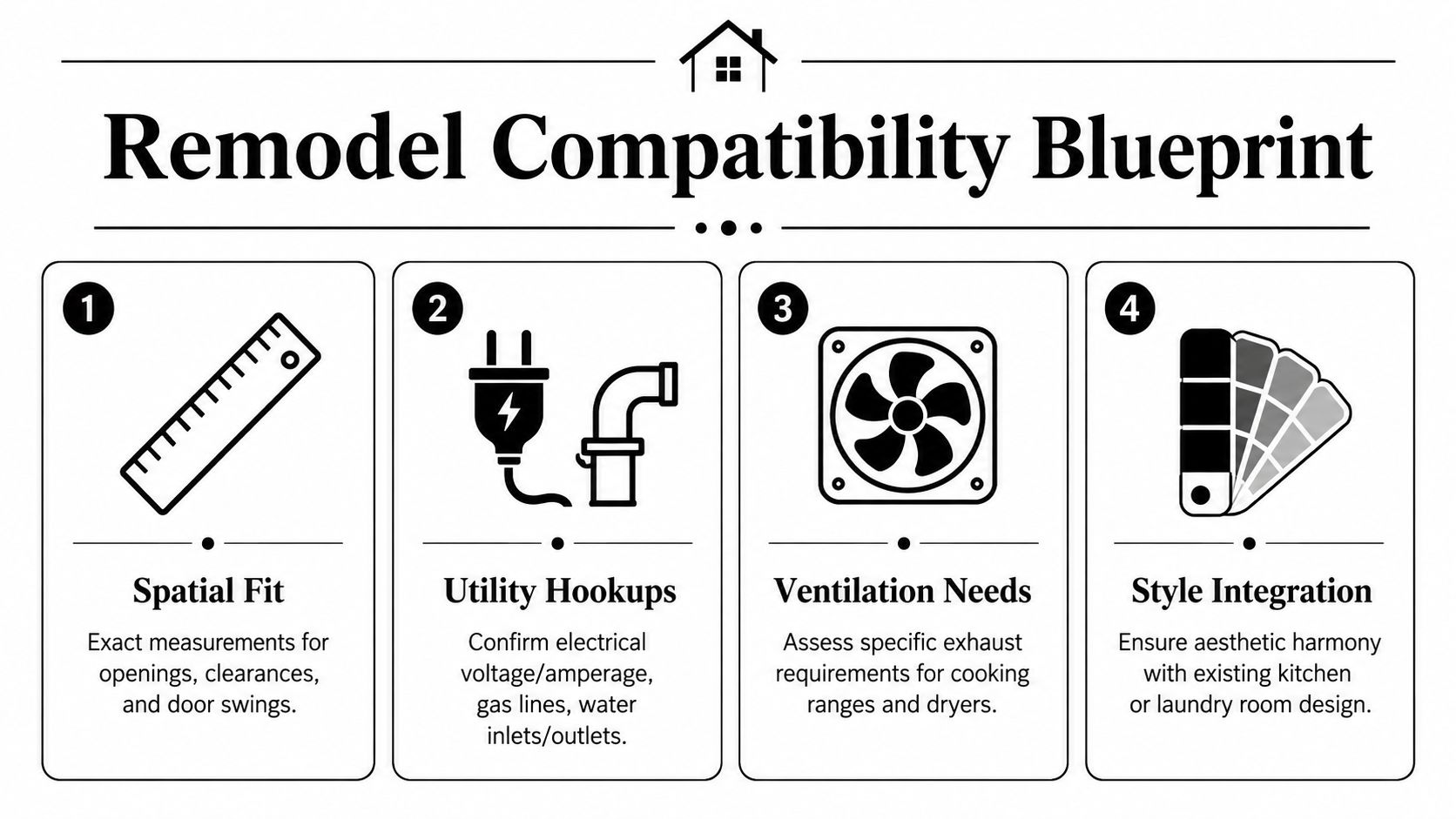 A diagram titled Remodel Compatibility Blueprint outlining four essential steps for checking appliance compatibility during home renovations.