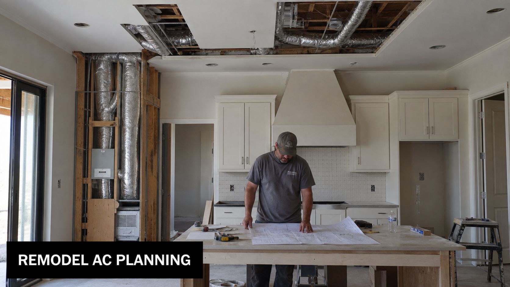 A construction worker reviewing building blueprints in a kitchen undergoing a home remodeling and HVAC installation project.