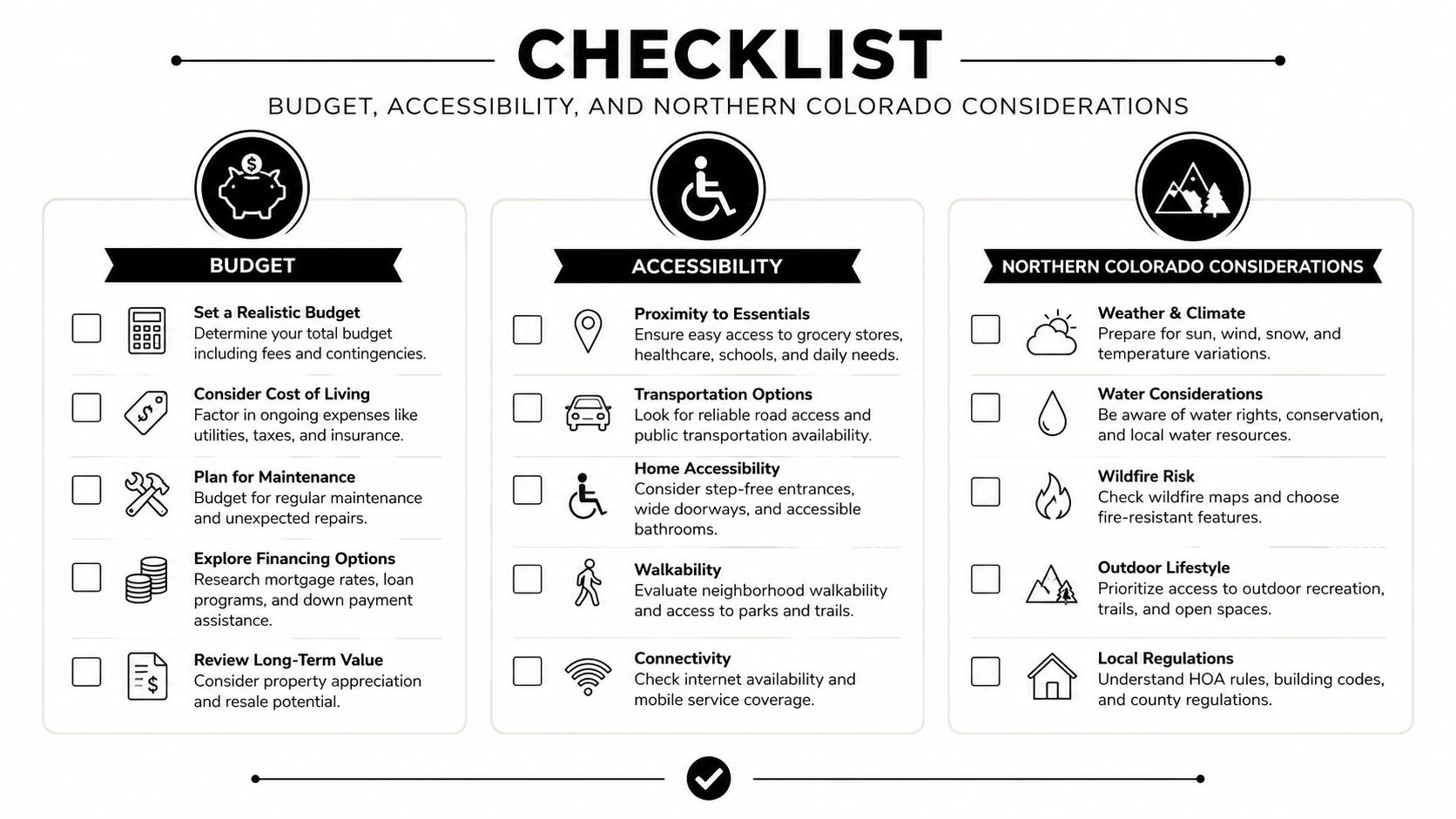 A checklist infographic covering budget, accessibility, and Northern Colorado considerations for homebuyers in a professional layout.