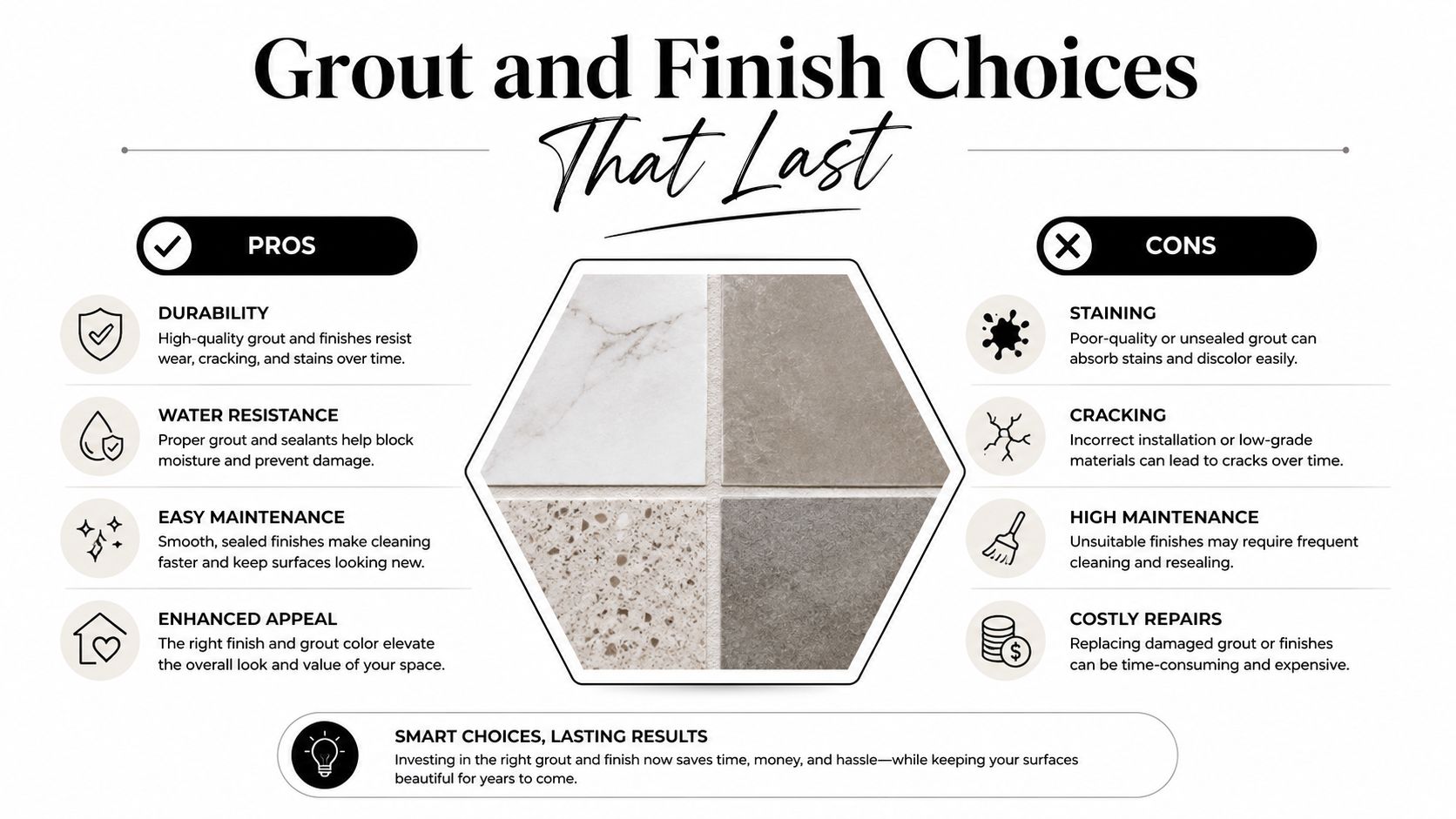 An infographic comparing the pros and cons of choosing quality grout and tile finishes for home surfaces.