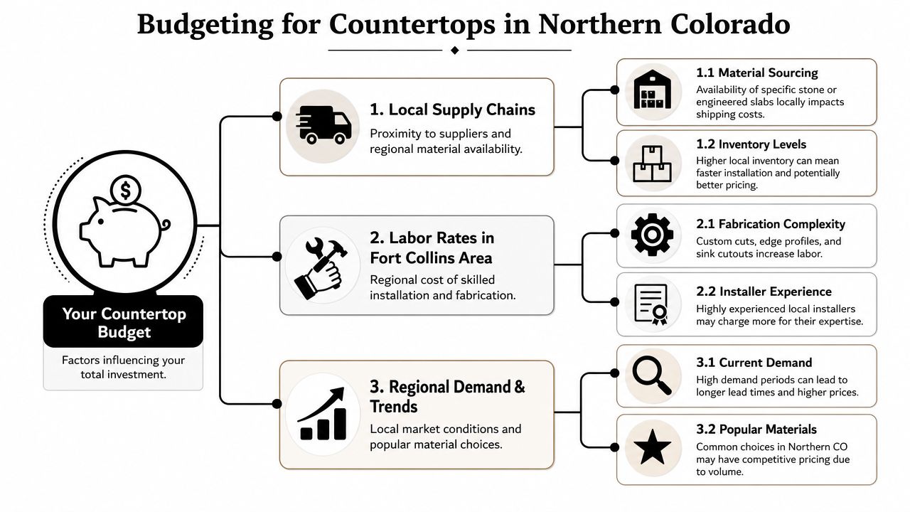 An infographic showing key factors that influence the budget for installing countertops in Northern Colorado.