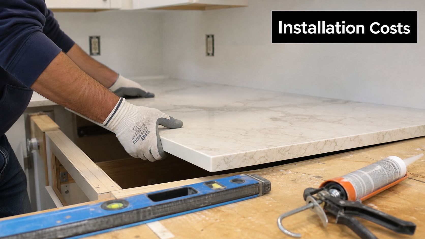 A contractor wearing gloves installs a new white marble-patterned countertop onto kitchen cabinets.