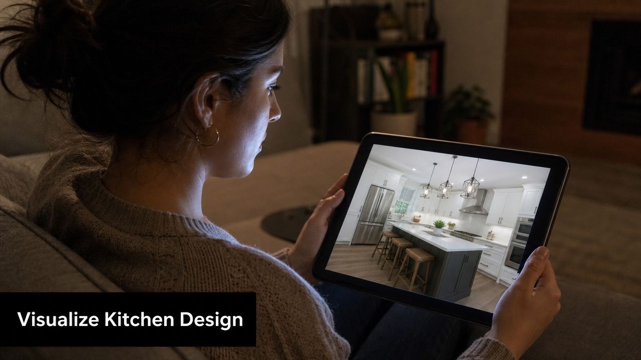 A woman viewing a modern kitchen design visualization on a tablet while relaxing at home.