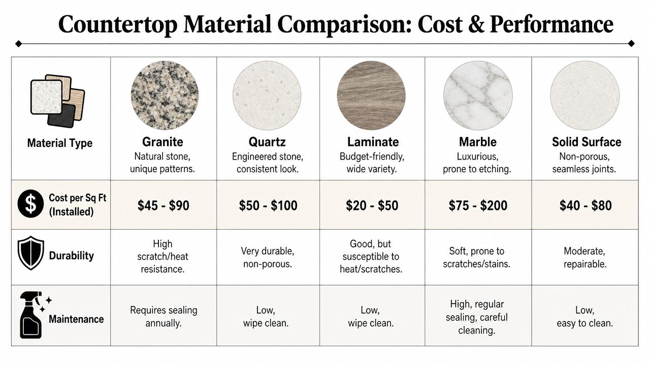 A comparison chart table detailing the costs, durability, and maintenance of various common kitchen countertop materials.