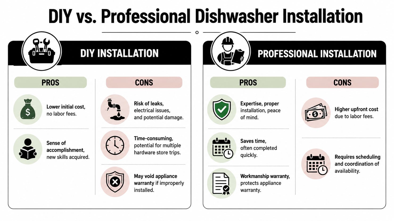 A comparison infographic detailing the pros and cons of DIY versus professional dishwasher installation services.